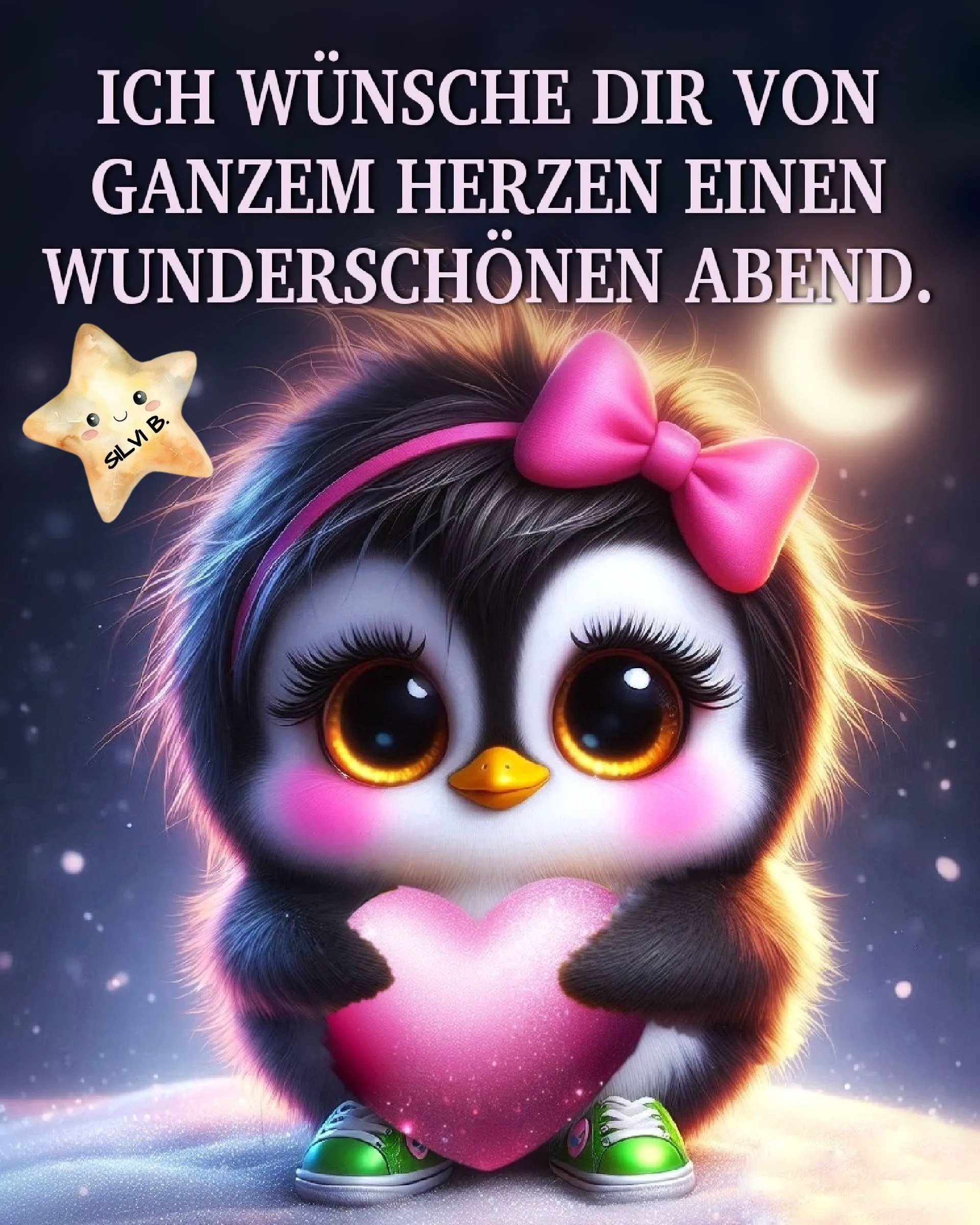Ein niedliches Cartoon-Pinguin mit einem rosa Herzen, das einen schönen Abend wünscht.